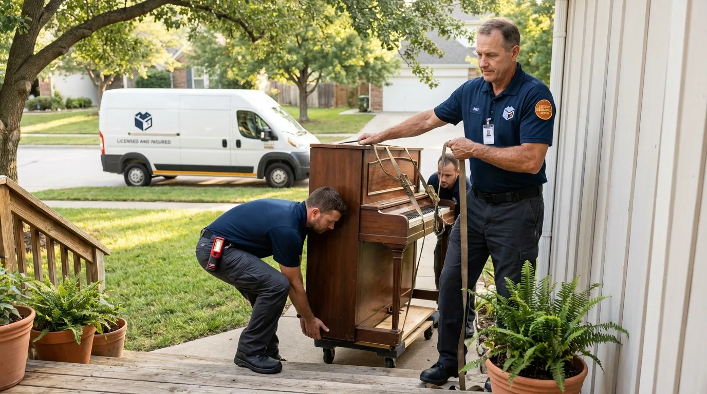 Licensed piano movers securing grand piano in Millville, NJ
