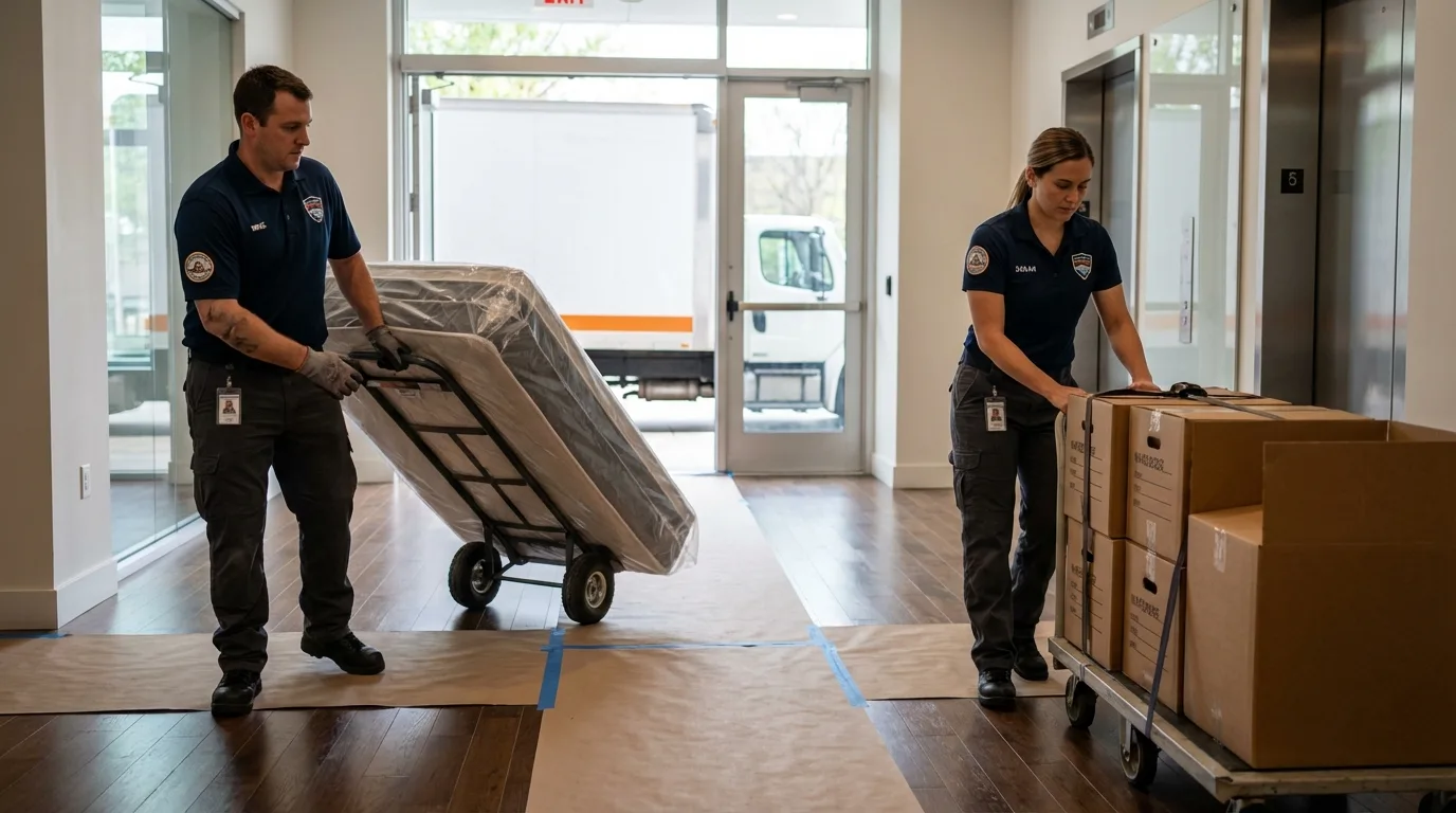 Professional apartment movers loading elevator in Millville, NJ