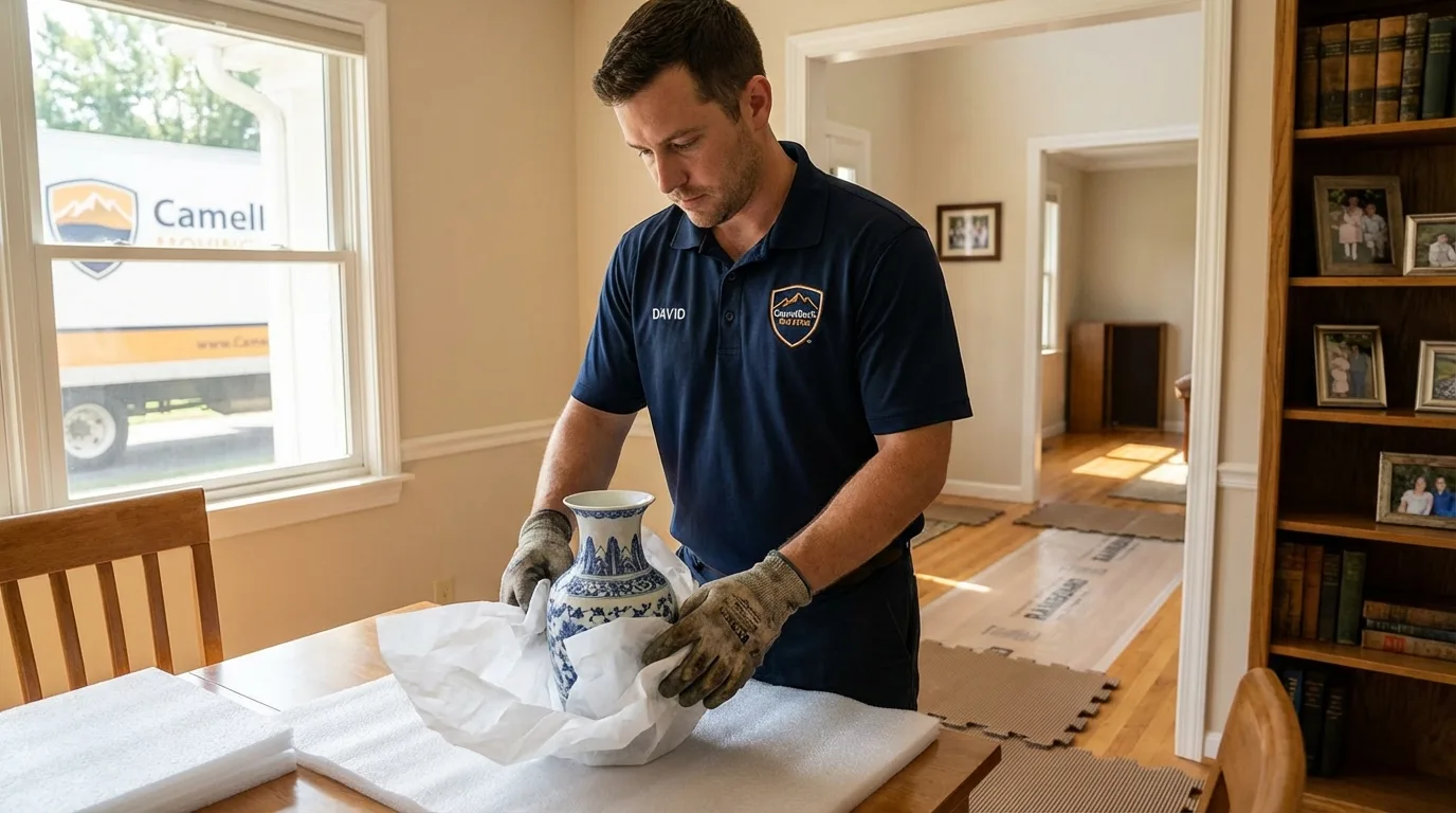Professional crew carefully wrapping antique vase for senior downsizing move in Millville, NJ